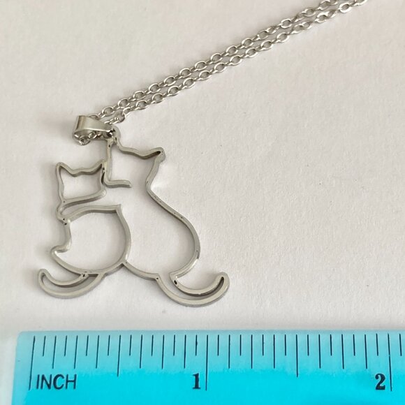 Two Cats Charm Pendant Necklace 17-19" Chain Stainless Steel Cat Lady Silhouette - Picture 7 of 8